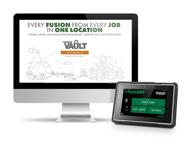 A desktop computer displays the McElroy Vault website, while a tablet in the foreground shows the DataLogger app interface with options to log a joint or view past joints.