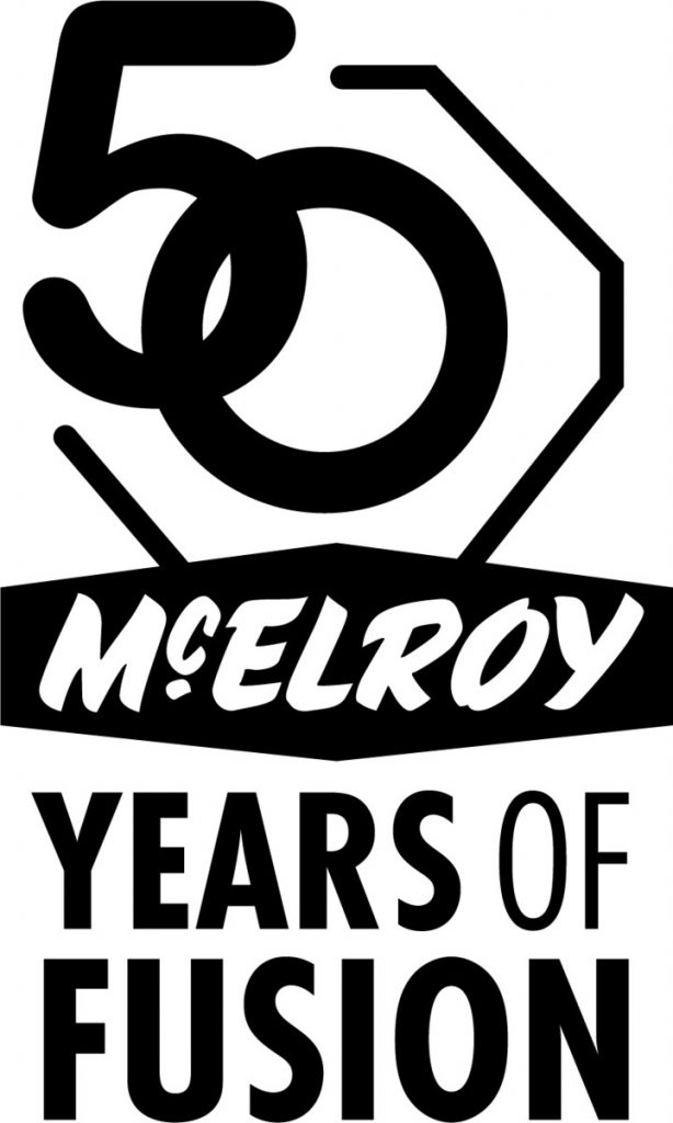 Black and white logo with a large 50 integrated into a hexagon and pipe graphic, the word McElroy in stylized text, and the phrase Years of Fusion underneath.