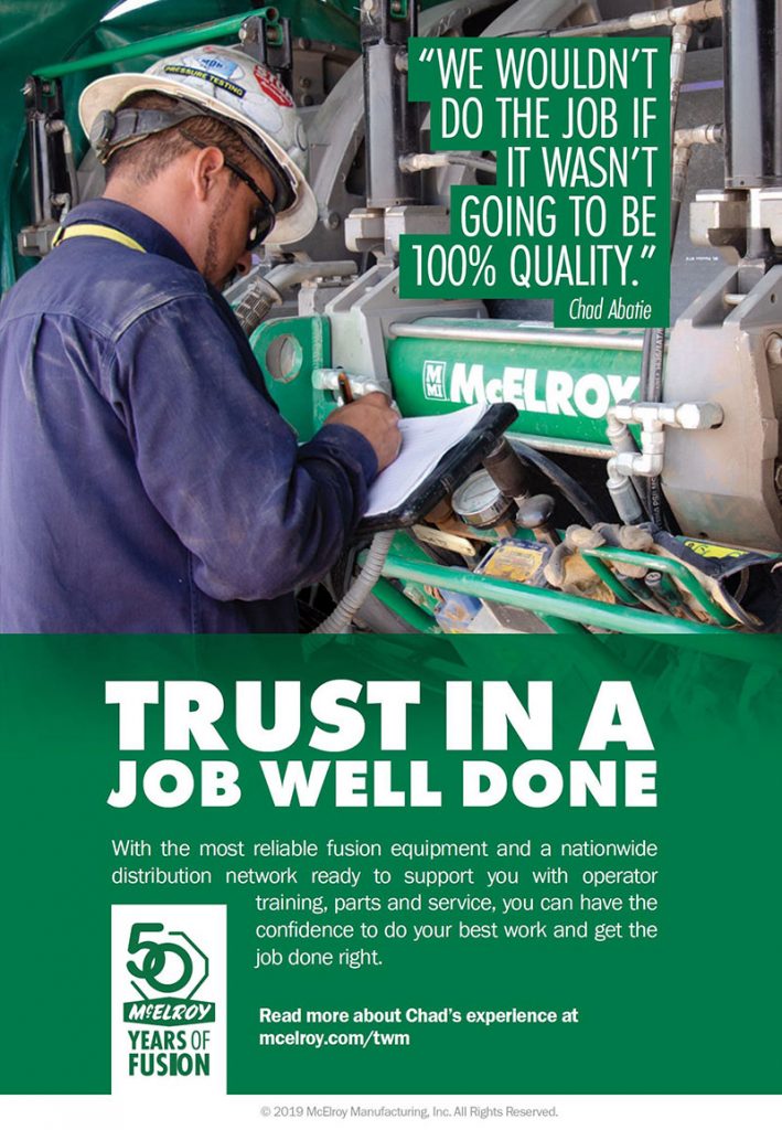 A worker in safety gear writes on a clipboard beside industrial equipment. Text reads: We wouldnt do the job if it wasnt going to be 100% quality. Trust in a job well done. McElroy logo and 50 years of fusion emblem are visible.