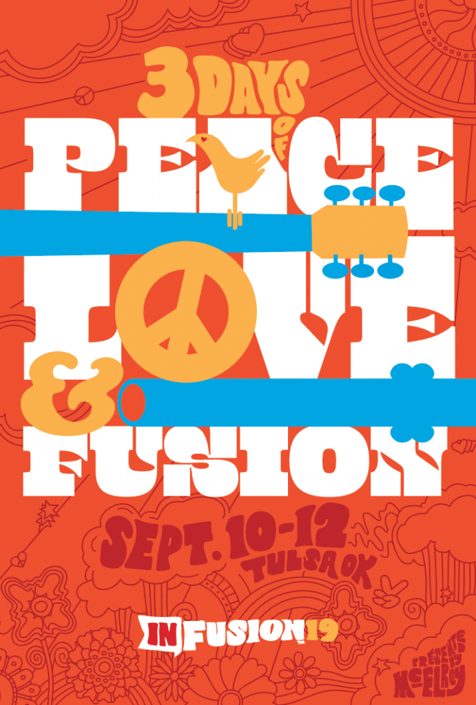 Bright, retro-style poster with text: 3 Days of Peace, Love & Fusion, Sept. 10–12 Tulsa OK, Fusion19. A bird stands on a guitar, with a peace sign and vibrant orange, yellow, and blue colors.
