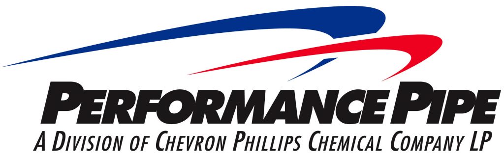 Logo featuring bold black text PERFORMANCE PIPE with smaller text below reading A Division of Chevron Phillips Chemical Company LP. Blue and red swooshes arc over the text.