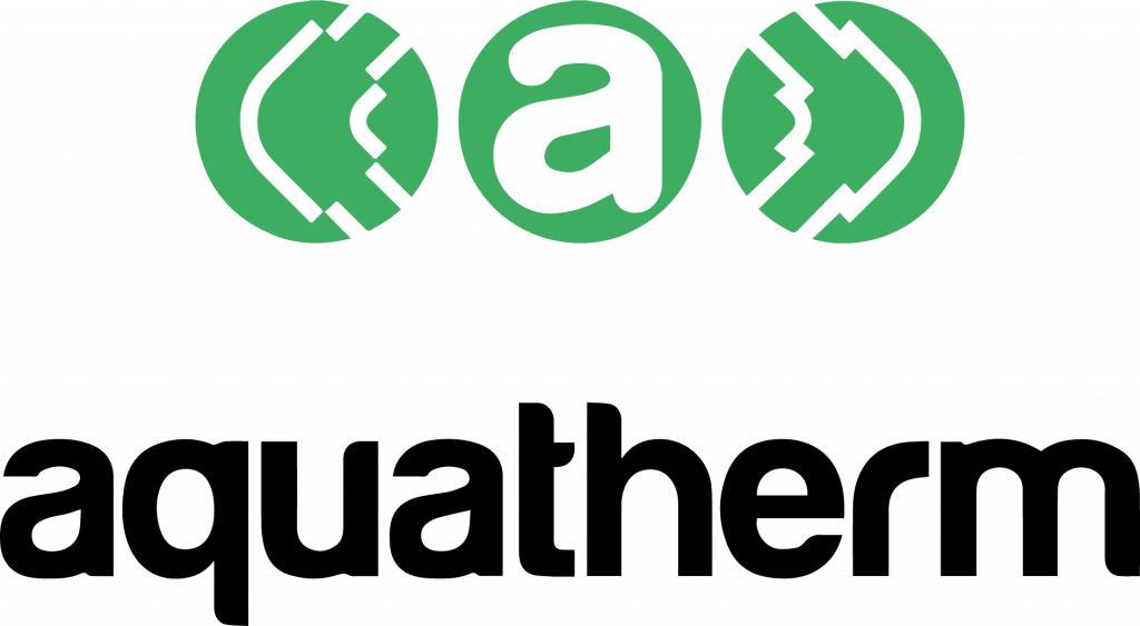 The image displays the Aquatherm logo with three green circular abstract shapes above the lowercase, bold black text aquatherm.