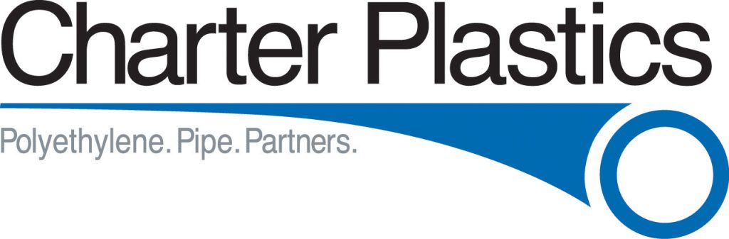 Logo for Charter Plastics with the tagline Polyethylene. Pipe. Partners. and a blue curved pipe graphic ending in a blue ring under the word Charter.