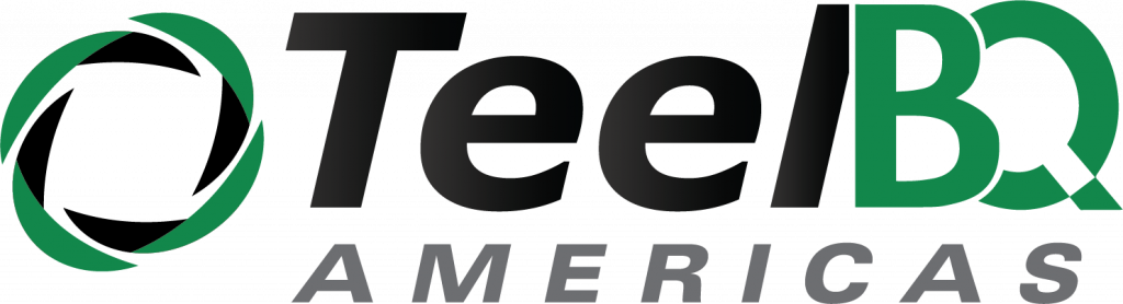 Logo for TeelBQ Americas, featuring a circular green and black graphic on the left and the text TeelBQ in bold black and green letters above AMERICAS in gray uppercase letters.