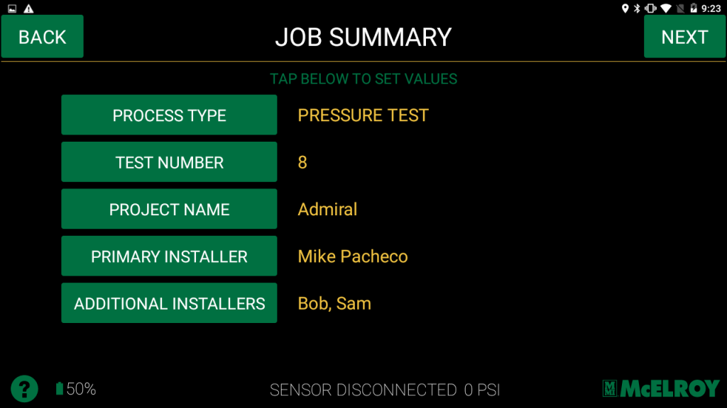 A digital job summary screen displays process type as Pressure Test, test number 8, project name Admiral, primary installer Mike Pacheco, and additional installers Bob and Sam. Sensor disconnected, 0 PSI shown at the bottom.