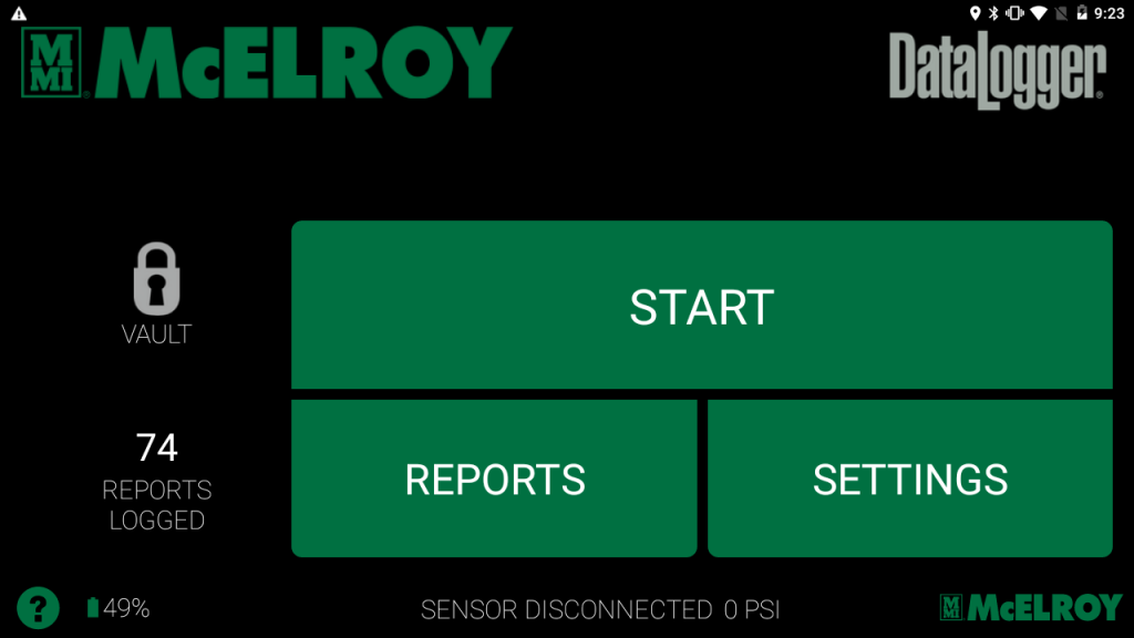 Tablet screen showing the McElroy DataLogger app. Large buttons labeled START, REPORTS, and SETTINGS are centered. Vault, battery icon, and Sensor Disconnected 0 PSI appear on a black background.