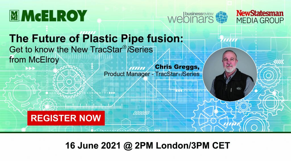 Webinar promo for The Future of Plastic Pipe Fusion with Chris Greggs from McElroy, featuring event details and a red Register Now button. Background shows technical graphics. Event is 16 June 2021, 2PM London/3PM CET.