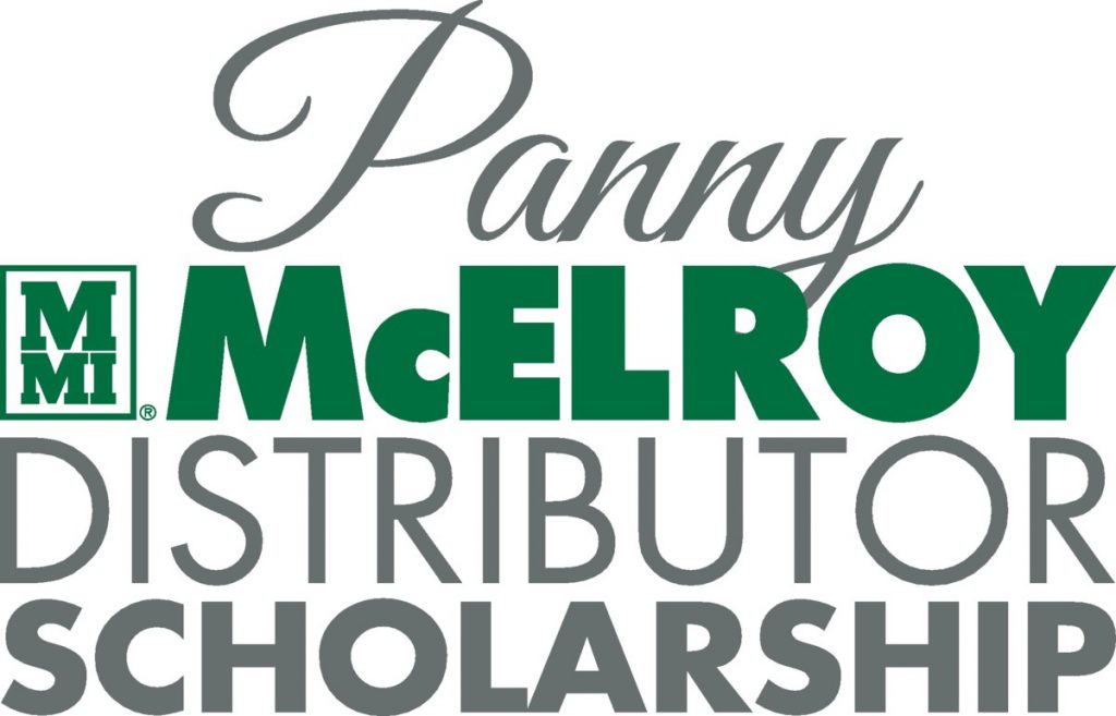 Logo for the Panny McElroy Distributor Scholarship, featuring stylized green and gray text with the MMI monogram on the left.