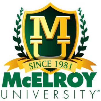 A green and gold shield with MU in the center, flanked by laurel branches. A yellow ribbon reads Since 1981. Below, green text says McELROY UNIVERSITY.