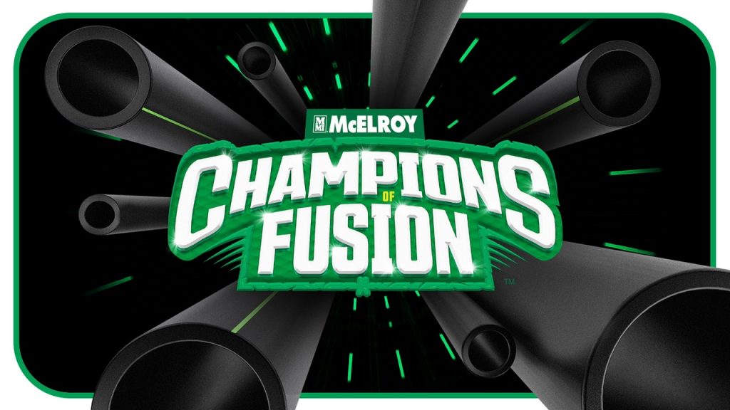 Bold text reading McElroy Champions of Fusion appears in the center, surrounded by several large black pipes extending outward on a black and green background.