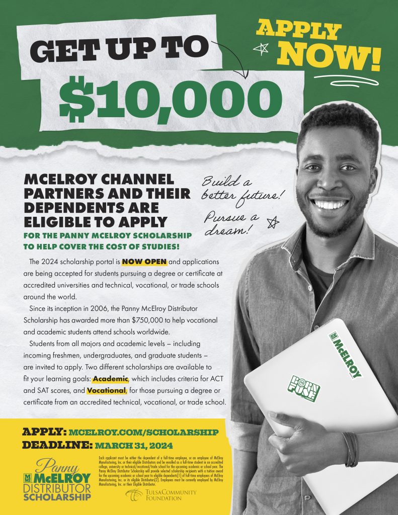 A smiling young man holds a folder labeled “McElroy” surrounded by financial aid text promoting the Penny McElroy Scholarship for up to $10,000, with a call to apply by March 31, 2024, and education-themed graphics.