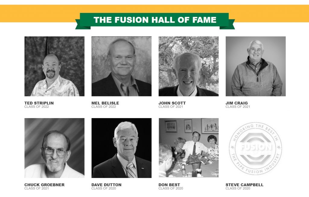 A collage titled The Fusion Hall of Fame shows photos of eight men, each labeled with their name, year, and class, honoring their contributions to the fusion industry. One photo is a Fusion award logo.
