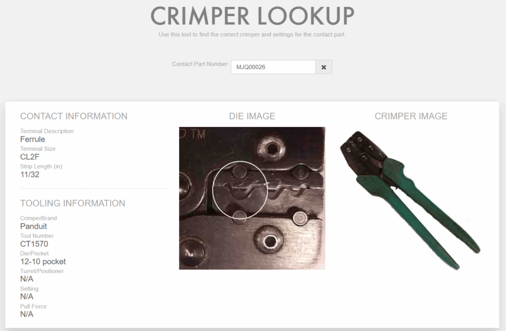 Screenshot of a crimper lookup tool showing contact info, a close-up of a metal die, and an image of green-handled crimping pliers on a white background. A part number is entered in the search bar.