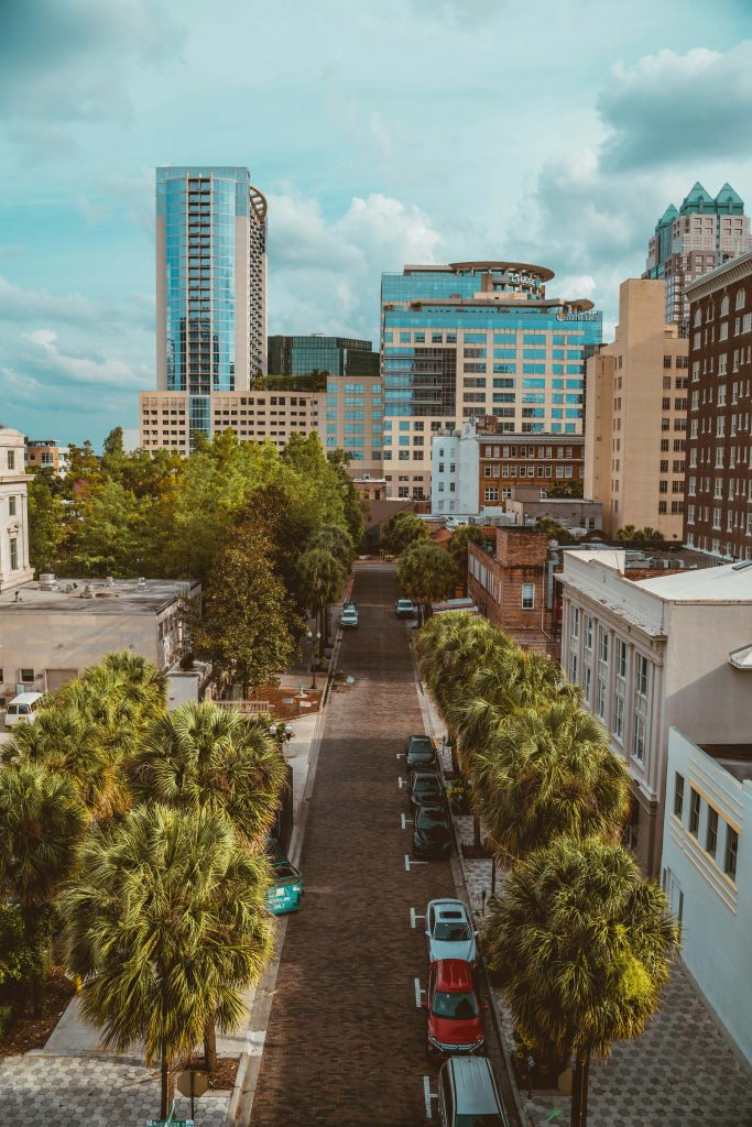 A brick-paved street lined with palm trees and parked cars leads toward tall modern buildings under a partly cloudy sky in a cityscape.