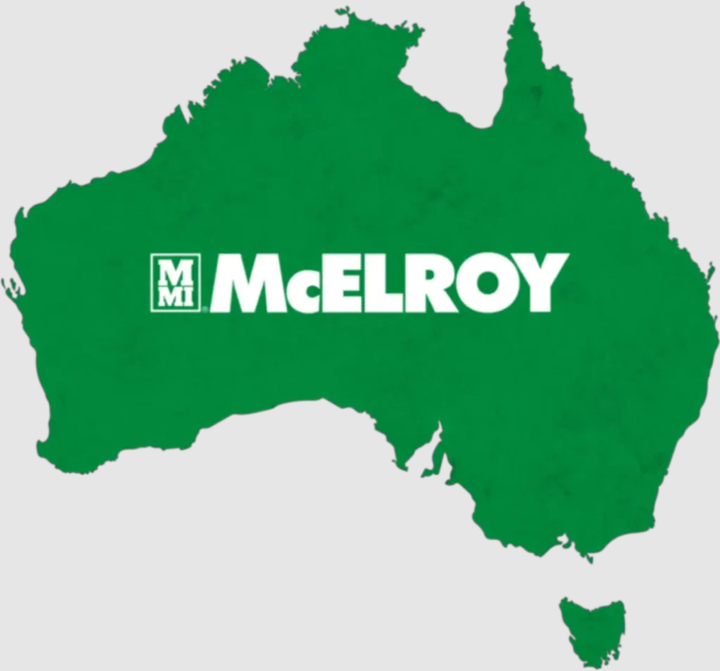 A green silhouette of Australia with the word McELROY in bold white letters across it and a small MMI logo above the M.