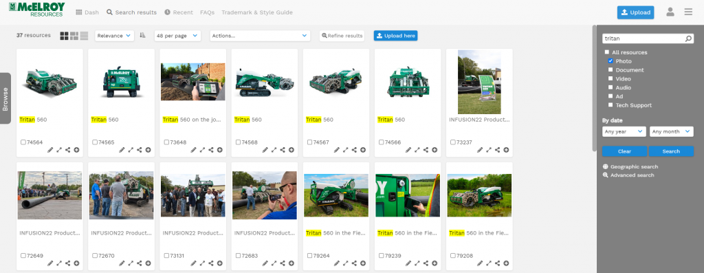 Screenshot of the McElroy Resources website showing search results for “titan,” with images of green industrial pipe fusion machines and equipment arranged in a grid, plus filter options on the right.