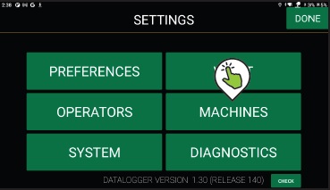 Settings screen with six green buttons labeled Preferences, Operators, System, Visit, Machines (highlighted with a hand icon), and Diagnostics. DONE is in the top right corner. Footer text shows “DATALOGGER VERSION 1.30 (RELEASE 140)”.