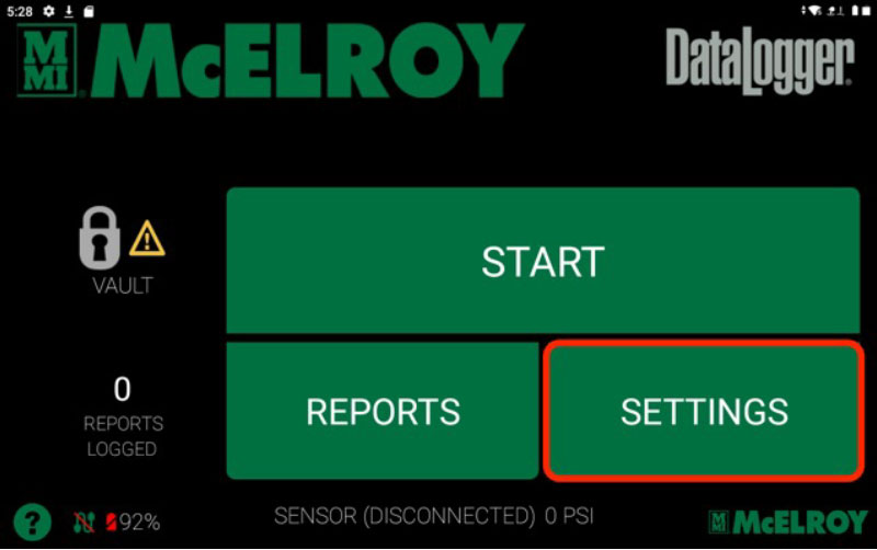 A digital interface for McElroy DataLogger shows large “START,” “REPORTS,” and “SETTINGS” buttons, with “SETTINGS” highlighted. The screen displays “0 REPORTS LOGGED” and status icons along the bottom edge.