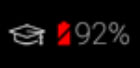 A black background displays a graduation cap icon, a red battery icon with a diagonal slash, and the number 92% in gray.