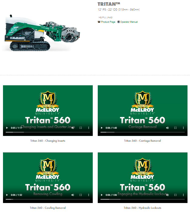 A green McElroy Tritan 560 fusion machine is shown above four green McElroy University video thumbnails about part changing and maintenance for the Tritan 560, each with the company logo and yellow text.