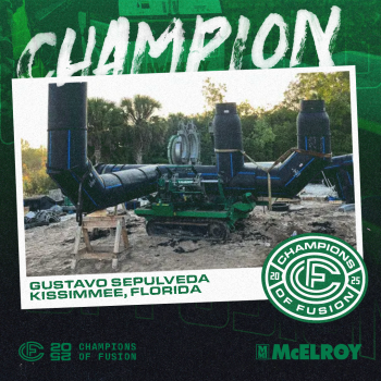 A large black pipe fusion machine sits outdoors surrounded by trees. Text overlays read: Champion, Gustavo Sepulveda, Kissimmee, Florida, Champions of Fusion, and McElroy. Logos and green accents are visible.