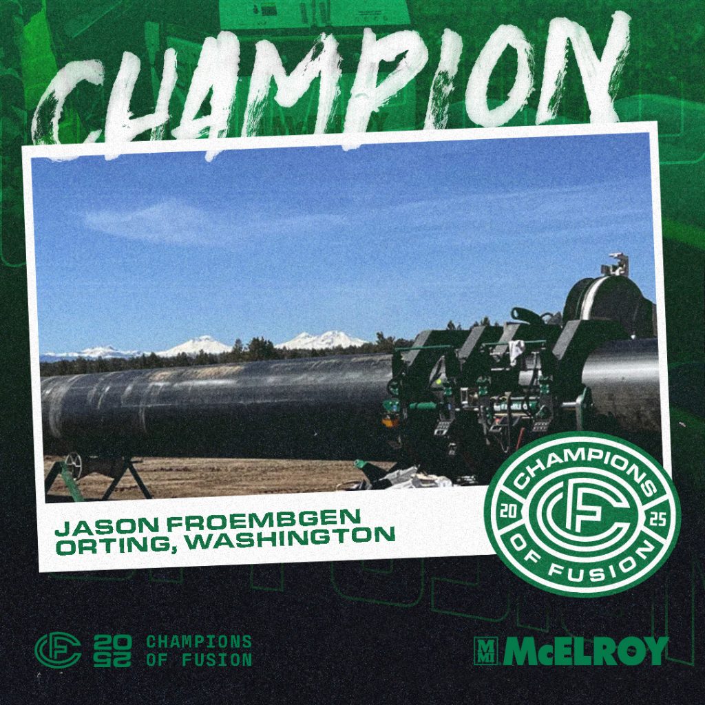 A large pipe fusion machine sits outdoors with mountains in the background. Text reads: CHAMPION. Jason Froembgen, Orting, Washington. Champions of Fusion 2023. McElroy.