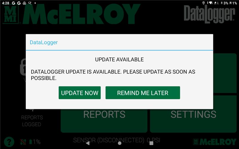 A tablet screen displays a DataLogger update notification with options to UPDATE NOW or REMIND ME LATER over a background showing the McElroy DataLogger app interface.