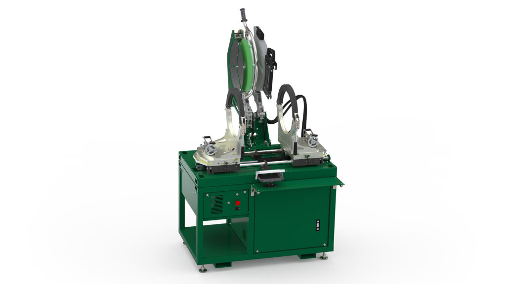 A green and silver industrial machine with dual circular saw blades, mounted on a sturdy metal base with controls and switches, used for precision cutting tasks in manufacturing or woodworking.