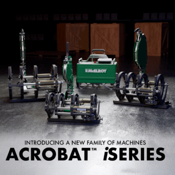 Four green industrial machines with metal rollers are displayed on a dark floor, with a green box labeled McELROY in the background. Text below reads: “Introducing a new family of machines: Acrobat iSeries.”.