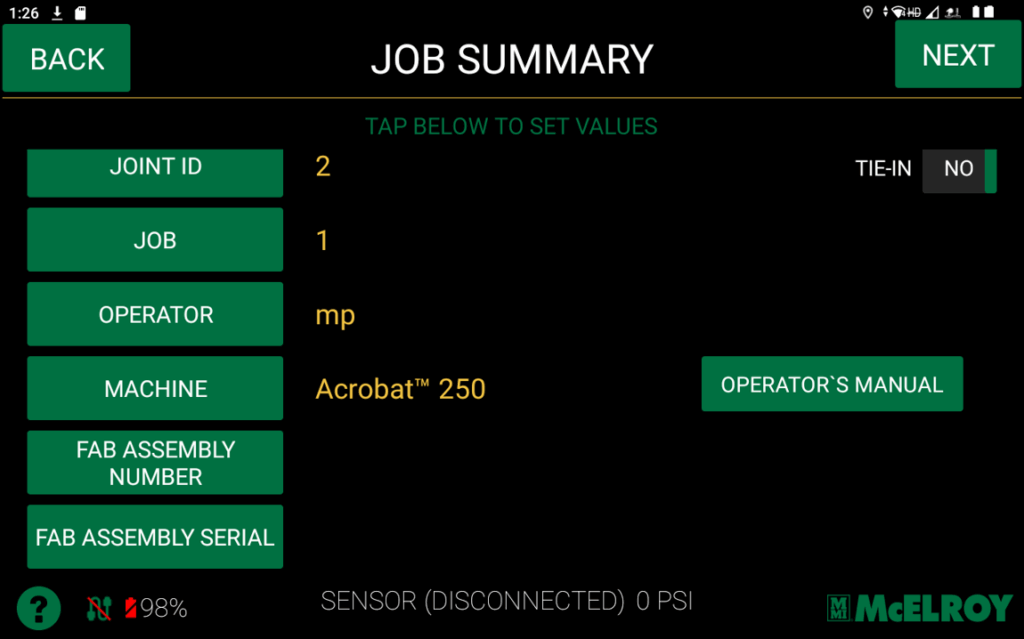 A digital job summary screen displays fields for joint ID, job, operator, machine (Acrobat 250), fab assembly, and serial. Tie-in: No and Operators Manual are shown. Sensor is disconnected, 0 PSI.