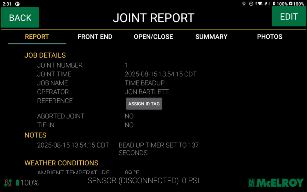 A digital interface displays a Joint Report with details like job number, operator, date, and weather conditions. Sensor status shows DISCONNECTED and pressure reads 0 PSI. An Assign to Tag button is visible.