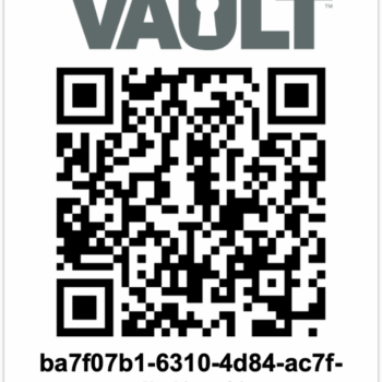 A QR code with the text “McElroy Vault” above it and the code “ba7f07b1-6310-4d84-ac7f-7edbd95c42aa” below the QR code. The letter A in Vault is stylized as a lock.