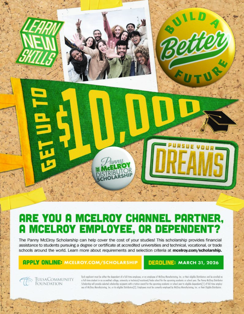 A colorful scholarship poster offers up to $10,000 for McElroy Channel partners, employees, or dependents. The poster encourages pursuing dreams, displays a student group, and lists a March 31, 2026, deadline and application link.