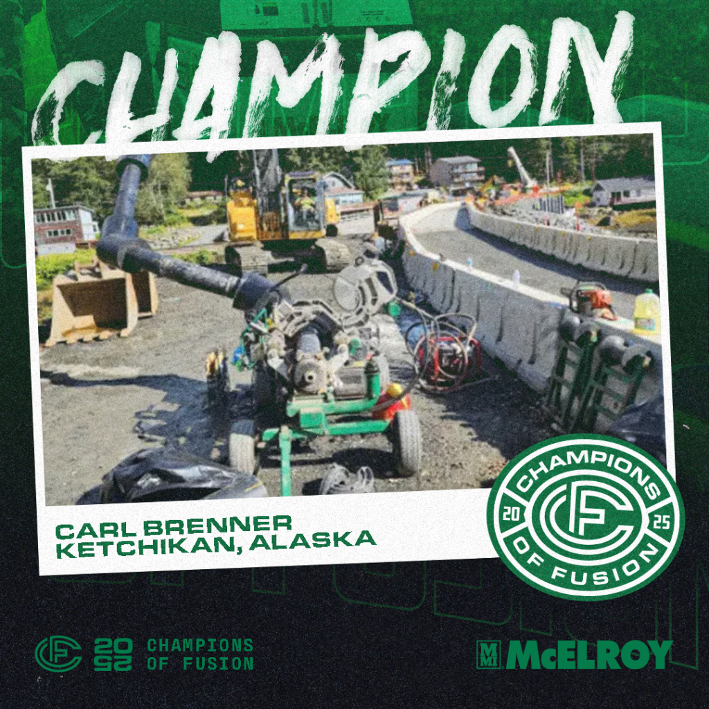 A construction site with machinery and pipes. Text reads: “Champion, Carl Brenner, Ketchikan, Alaska, Champions of Fusion 2023, McElroy.” A green logo and construction-themed graphics overlay the image.