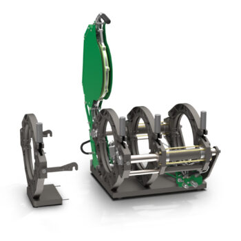 A 3D rendering of an industrial pipe fusion machine with three large circular clamps on a metal base, a green handle, and a detached clamp positioned on the left side.