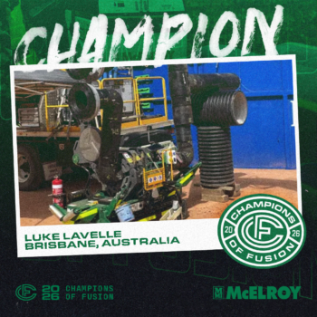 A pipe fusion machine stands outdoors with equipment nearby. Text reads: Champion. Luke Lavelle, Brisbane, Australia. A circular logo says Champions of Fusion 2026. McElroy and Champions of Fusion logos are at the bottom.