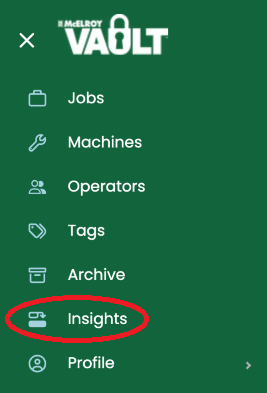 A green sidebar menu from the McElroy Vault app displays options like Jobs, Machines, Operators, and more. The Insights option is highlighted with a red oval.