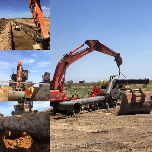 Collage of construction scenes with excavators digging and lifting large pipes, workers in safety vests overseeing pipeline installation outdoors on a clear day.