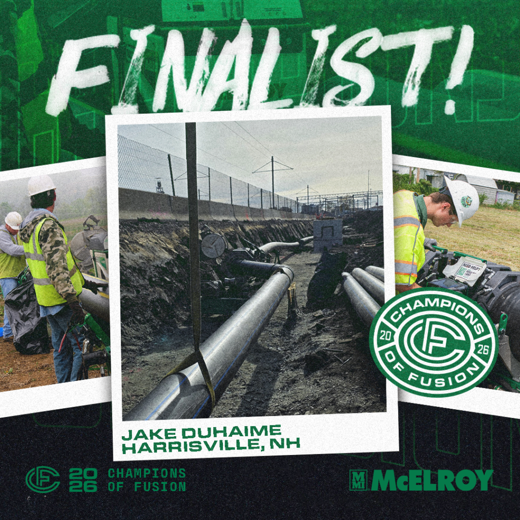 Workers in safety vests install large pipes outdoors. A badge reads “Champions of Fusion 2026 Finalist.” Text below names Jake Duhaime from Harrisville, NH. The scene is set on a green-themed graphic background.