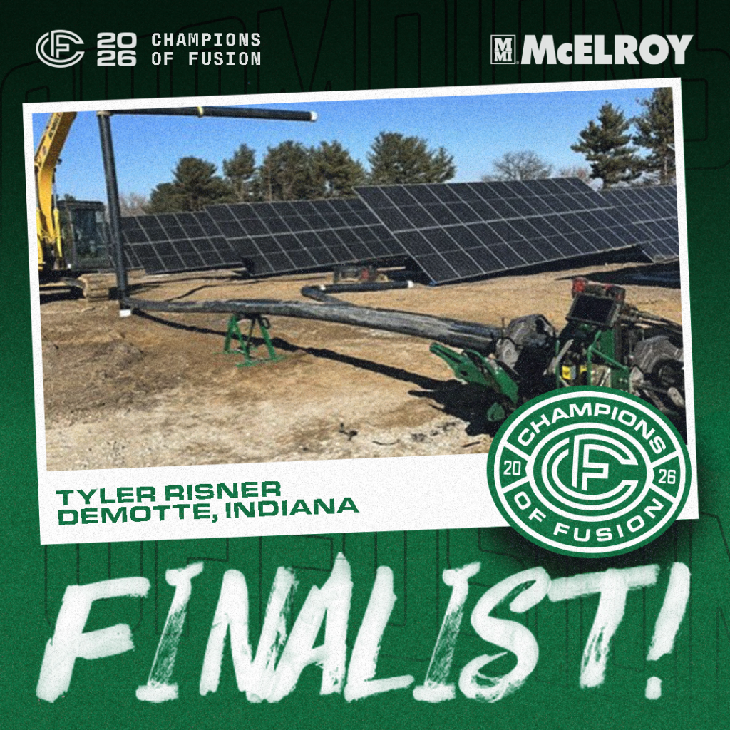 A construction site with solar panels and machinery, labeled “FINALIST!” Tyler Risner, Demotte, Indiana, for the 2026 Champions of Fusion by McElroy. The Champions of Fusion logo is displayed.
