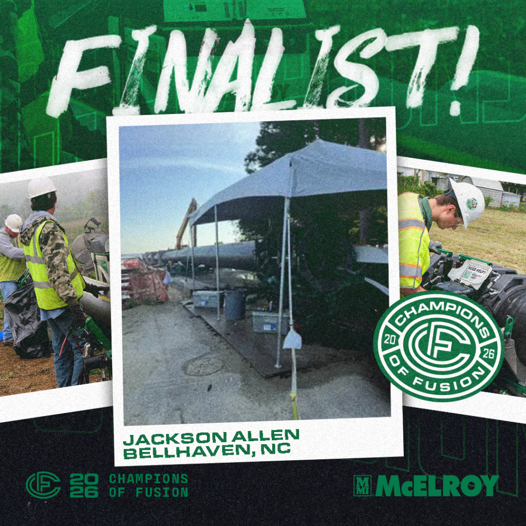 A graphic announcing a finalist for Champions of Fusion, featuring a central photo of an outdoor worksite with a tent, tools, and equipment. Text reads FINALIST! Jackson Allen, Belhaven, NC with logos and sponsor branding.