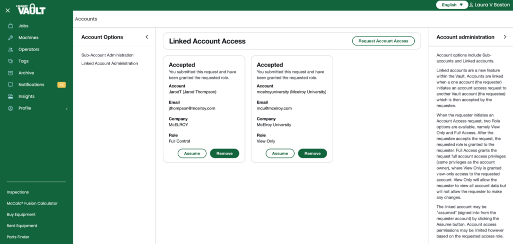 A dashboard displaying Linked Account Access with two accepted accounts listed, showing names, emails, companies, roles, and buttons to assume or remove access. Navigation menu is visible on the left, and instructions on the right.