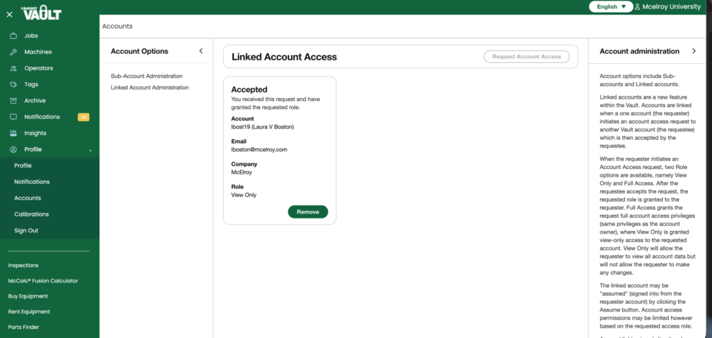 A web dashboard shows “Linked Account Access” with an accepted request for a user’s email, company, and view-only role. Navigation menus are on the left, with account administration instructions on the right.